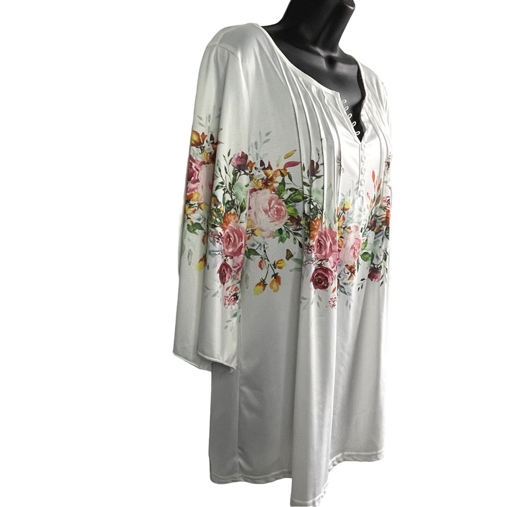 Beautiful SzL Blouse Floral Print White 3/4 Length Sleeve Round Neck Stretchy - Picture 3 of 13
